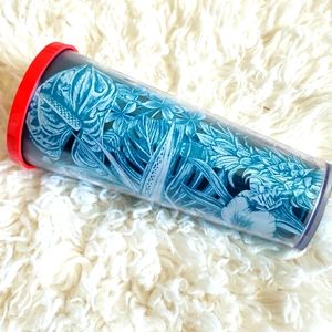 Starbucks 2015 Blue Tumbler with White Floral Tropical Leaves